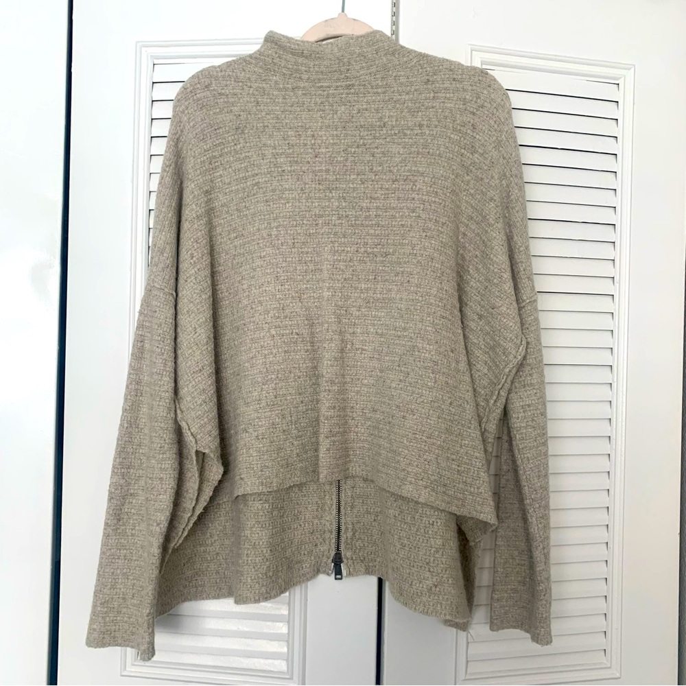 FREE PEOPLE Sweater Oatmeal Wool Linen Boxy Mock Neck Back Zip Lagenlook Sz M